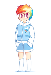 Size: 900x1330 | Tagged: safe, artist:php56, rainbow dash, human, g4, alternate hairstyle, clothes, female, humanized, jacket, missing shoes, short hair, socks, solo, tomboy