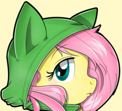 Size: 1500x1360 | Tagged: safe, artist:flam3zero, fluttershy, g4, clothes, cute, female, frown, hoodie, looking at you, portrait, profile, solo, sonic the hedgehog (series), style emulation, yuji uekawa style