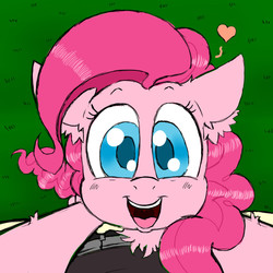 Size: 950x950 | Tagged: dead source, safe, artist:ichibangravity, pinkie pie, human, pony, g4, bright eyed, chest fluff, colored pupils, cute, diapinkes, ear fluff, female, fluffy, holding a pony, pov, solo
