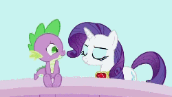 Size: 524x297 | Tagged: safe, screencap, rarity, spike, dragon, pony, unicorn, g4, secret of my excess, animated, cheek kiss, female, fire ruby, kissing, male, mare, shipping fuel, something else also rises, spikelove, tailboner