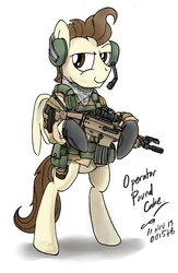 Size: 1036x1588 | Tagged: safe, artist:buckweiser, pound cake, pony, g4, aimpoint, assault rifle, bipedal, fn scar, gun, male, military, operator, reflex sight, rifle, solo