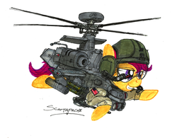 Size: 1800x1404 | Tagged: safe, artist:buckweiser, scootaloo, pony, g4, agm-114 hellfire, ah-64 apache, ah-64d, aircraft, american flag, autocannon, female, gun, gunship, helicopter, hellfire, hydra 70, m230 chain gun, military, missile, ponified, rocket, scootaloo can fly, solo