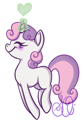 Size: 508x741 | Tagged: safe, artist:sarahsquirrels, sweetie belle, g4, cute, diasweetes, eyes closed, female, filly, heart, jumping, magic, mare, signature, simple background, smiling, solo, watermark, white background
