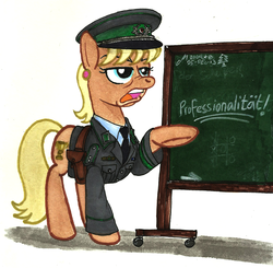 Size: 1024x1003 | Tagged: safe, artist:buckweiser, ms. harshwhinny, g4, christmas, clothes, east germany, exploitable meme, female, german, holster, lecture, meme, military, ms. harshwhinny's professional chalkboard, professionalism, solo, uniform