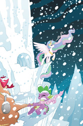 Size: 755x1147 | Tagged: safe, artist:tony fleecs, idw, princess celestia, spike, g4, comic cover, cover, cover art, snow, snowfall