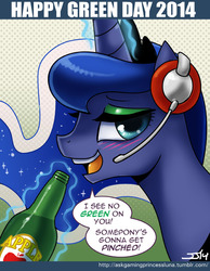 Size: 700x900 | Tagged: safe, artist:johnjoseco, princess luna, alicorn, pony, ask gaming princess luna, gamer luna, g4, alcohol, bedroom eyes, blushing, cider, drunk, drunk luna, eyeshadow, female, headset, levitation, looking at you, magic, mare, open mouth, open smile, saint patrick's day, smiling, solo, speech bubble, telekinesis