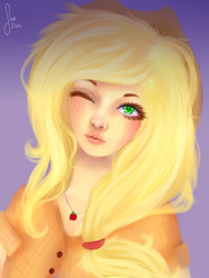 Size: 1500x2000 | Tagged: safe, artist:saoiirse, applejack, human, g4, female, humanized, one eye closed, painting, portrait, solo, wink