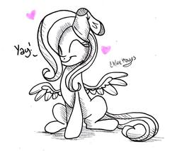 Size: 1229x1046 | Tagged: safe, artist:frostykat13, fluttershy, g4, eyes closed, female, happy, heart, sitting, smiling, sock, solo, spread wings, traditional art, yay