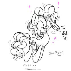 Size: 1269x1273 | Tagged: safe, artist:frostykat13, pinkie pie, g4, excited, exclamation point, eyes closed, female, happy, jumping, open mouth, pronking, smiling, sock, solo, traditional art