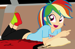 Size: 1922x1266 | Tagged: safe, artist:garretthegarret, rainbow dash, comic:caught in the storm, equestria girls, g4, clothes, female, human coloration, legs in air, mismatched socks, missing shoes, prone, socks, solo, the pose