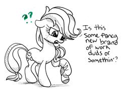 Size: 1490x1070 | Tagged: safe, artist:frostykat13, applejack, g4, confused, female, floppy ears, frown, question mark, sock, solo, standing, traditional art