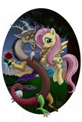 Size: 846x1261 | Tagged: safe, artist:cartoonsilverfox, discord, fluttershy, draconequus, pegasus, pony, g4, blushing, female, male, ship:discoshy, shipping, spread wings, straight, traditional art, wings