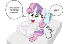 Size: 6000x3709 | Tagged: safe, artist:medio-cre, sweetie belle, g4, absurd resolution, bed, female, on back, oniichan, open mouth, pillow, pomf, simple background, smiling, solo, speech bubble, transparent background, underhoof