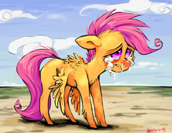 Size: 1077x831 | Tagged: safe, artist:xenon, scootaloo, g4, crying, female, floppy ears, messy mane, sad, scootaloo can't fly, scootasad, snot, solo