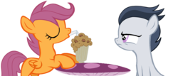 Size: 1406x602 | Tagged: safe, artist:dreamcasterpegasus, rumble, scootaloo, g4, colt, female, filly, foal, jealous, male, milkshake, rumble is not amused, ship:rumbloo, shipping, simple background, straight, transparent background, unamused