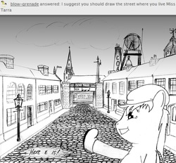 Size: 2441x2267 | Tagged: safe, artist:pitpone, oc, oc only, oc:pit pone, ask, boots, chimney, cloud, cloudy, hat, high res, monochrome, pithead gear, solo, street, town, tumblr