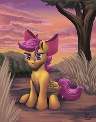 Size: 1586x2017 | Tagged: safe, artist:zevironmoniroth, scootaloo, pegasus, pony, g4, somepony to watch over me, bow, female, solo, sunset