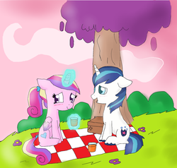 Size: 1024x975 | Tagged: safe, artist:xxtarathechibixx, princess cadance, shining armor, g4, blushing, bow, colt, cup, cute, cutedance, drink, female, filly, floppy ears, looking away, magic, male, picnic, picnic basket, picnic blanket, shining adorable, ship:shiningcadance, shy, smiling, straight, tail bow, younger