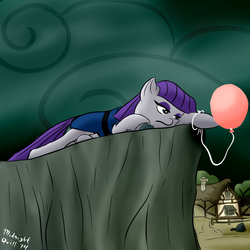 Size: 1000x1000 | Tagged: safe, artist:m_d_quill, boulder (g4), maud pie, g4, maud pie (episode), balloon, cliff, female, fence, house, rock farm, sad, solo