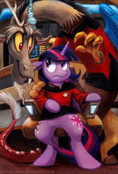 Size: 573x850 | Tagged: safe, artist:kenket, artist:spainfischer, discord, twilight sparkle, alicorn, pony, g4, captain picard, clothes, cosplay, crossover, fangs, female, jean-luc picard, mare, painting, q, sitting, star trek, star trek: the next generation, traditional art, twilight sparkle (alicorn), unsure