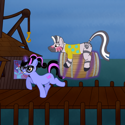 Size: 3000x3000 | Tagged: safe, artist:fetchbeer, trixie, oc, oc:pixelkitties, g4, high res, levitation, monkey island, scumm bar