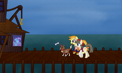 Size: 2500x1500 | Tagged: safe, artist:fetchbeer, trixie, winona, g4, bone, elaine marley, everyone is an alicorn, guybrush threepwood, melee island, monkey island, ponified, scumm bar, walking