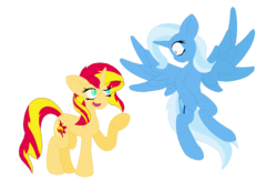 Size: 1145x752 | Tagged: safe, artist:thelunarmage, sunset shimmer, trixie, alicorn, pony, unicorn, g4, alicornified, flying, frown, open mouth, race swap, raised eyebrow, raised hoof, simple background, smiling, smirk, spread wings, transparent background, trixiecorn, wide eyes