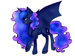 Size: 1024x768 | Tagged: safe, artist:saoiirse, princess luna, alicorn, bat pony, bat pony alicorn, pony, g4, fangs, female, looking at you, lunabat, missing accessory, moonbat, open mouth, race swap, simple background, smiling, solo, spread wings, unshorn fetlocks
