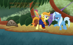 Size: 3000x1850 | Tagged: safe, artist:fetchbeer, scootaloo, trixie, parrot, pony, unicorn, g4, angry, clothes, female, guybrush threepwood, hermit, island, jungle, mare, monkey island, ocean, ponified, scootaparrot