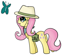 Size: 1000x901 | Tagged: safe, artist:chibi95, fluttershy, butterfly, pegasus, pony, g4, clothes, explorer outfit, female, saddle bag, simple background, solo, transparent background