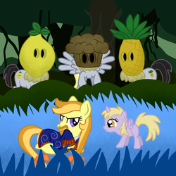 Size: 3000x3000 | Tagged: safe, artist:fetchbeer, derpy hooves, dinky hooves, pegasus, pony, g4, beard, cannibal, cannibals, crossover, dinkycorn, female, guybrush threepwood, high res, lemonhead, mare, monkey island, ponified, sharptooth (monkey island), trap (device)