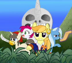 Size: 3000x2645 | Tagged: safe, artist:fetchbeer, trixie, oc, g4, adventure, crossover, guybrush threepwood, high res, island, jungle, levitation, monkey island, mouth hold, ponified, skull