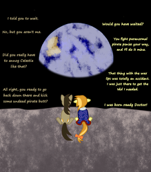 Size: 939x1071 | Tagged: safe, artist:fetchbeer, doctor whooves, time turner, oc, g4, crossover, dialogue, earth, guybrush threepwood, monkey island, moon, planet, ponified, space, text, to the moon