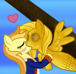 Size: 1000x969 | Tagged: safe, artist:fetchbeer, fluttershy, merpony, g4, blushing, crossover, figurehead, guybrush threepwood, implied lesbian, kissing, monkey island, ponified, pun, statue, visual pun