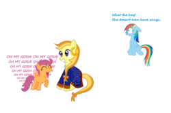 Size: 2037x1345 | Tagged: safe, artist:fetchbeer, rainbow dash, scootaloo, g4, crossover, guybrush threepwood, monkey island, obsession, ponified, simple background