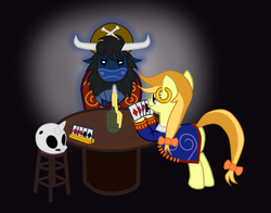 Size: 2005x1569 | Tagged: safe, artist:fetchbeer, bison, buffalo, earth pony, pony, clothes, crossover, ear piercing, earring, guybrush threepwood, jewelry, lechuck, monkey island, murray, piercing, poker, poker night, ponified, skull