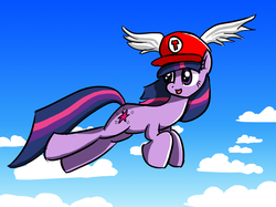 Size: 1024x767 | Tagged: safe, artist:mindofnoodles, twilight sparkle, g4, cloud, female, looking back, male, mario, open mouth, open smile, sky, smiling, solo, super mario 64, super mario bros., wing hat