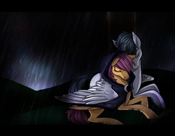 Size: 819x636 | Tagged: safe, artist:pocki07, rumble, scootaloo, g4, clothes, cuddling, female, hug, lying, male, older, rain, robe, ship:rumbloo, shipping, snuggling, straight, winghug