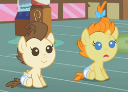 Size: 357x257 | Tagged: safe, screencap, pound cake, pumpkin cake, baby cakes, g4, baby, baby pony, cake twins, colt, cute, diaper, diapered, diapered colt, diapered filly, diapered foals, female, filly, frown, male, one month old colt, one month old filly, one month old foals, open mouth, siblings, sitting, smiling, twins, white diapers