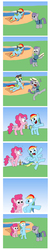 Size: 995x4998 | Tagged: safe, artist:belugatoons, maud pie, pinkie pie, rainbow dash, pony, g4, maud pie (episode), bipedal, cane, comic, dancing, funny, hat, looney tunes, michigan j. frog, one froggy evening, reference, sunglasses, troll