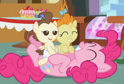 Size: 515x350 | Tagged: safe, screencap, pinkie pie, pound cake, pumpkin cake, pony, baby cakes, g4, baby, baby pony, cute, diaper, diapered, diapered colt, diapered filly, diapered foals, eyes closed, female, filly, happy, happy babies, lidded eyes, one month old colt, one month old filly, one month old foals, open mouth, out of context, smiling, white diapers