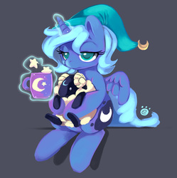 Size: 747x749 | Tagged: safe, artist:ende26, princess luna, alicorn, pony, sheep, g4, animal, cute, female, filly, foal, hat, magic, mug, nightcap, plushie, sitting, woona