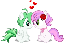 Size: 1081x739 | Tagged: safe, artist:xenoneal, oc, oc only, oc:petal sparkle, oc:sunny bloom, colt, filly, heart, male, shipping, simple background, sitting, straight, transparent background, vector