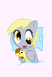 Size: 737x1084 | Tagged: safe, artist:sawsta, derpy hooves, pegasus, pony, fanfic:bubbles, g4, doll, female, filly derpy, filly derpy hooves, looking at something, open mouth, open smile, pillow, smiling, solo, younger