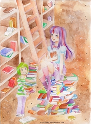 Size: 725x991 | Tagged: safe, artist:ritsukame, spike, twilight sparkle, human, g4, book, clothes, equestria girls outfit, humanized, library, traditional art