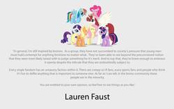 Size: 960x600 | Tagged: safe, applejack, fluttershy, pinkie pie, rainbow dash, rarity, twilight sparkle, oc, oc:fausticorn, alicorn, pony, g4, lauren faust, mane six, motivational, quote, text, word of faust