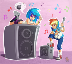 Size: 1012x896 | Tagged: safe, artist:sound-resonance, dj pon-3, rainbow dash, vinyl scratch, human, g4, amplifier, clothes, converse, duo, guitar, humanized, musical instrument, pictogram, shoes, speaker, this is spinal tap