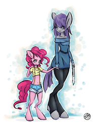 Size: 1100x1466 | Tagged: safe, artist:kez, maud pie, pinkie pie, earth pony, anthro, g4, maud pie (episode), clothes, cute, holding hands, leggings, shorts, simple background, suspenders, unshorn fetlocks, white background, younger