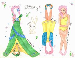 Size: 2205x1690 | Tagged: safe, artist:whiteheather, angel bunny, fluttershy, human, g4, belly button, camisole, clothes, cutie mark underwear, dress, female, humanized, midriff, panties, papercraft, solo, traditional art, underwear, yellow underwear