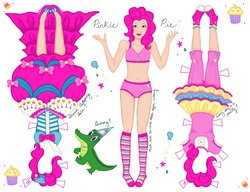 Size: 2212x1696 | Tagged: safe, artist:whiteheather, gummy, pinkie pie, human, g4, belly button, bra, clothes, converse, crop top bra, cutie mark underwear, dress, humanized, panties, papercraft, pink underwear, shirt, shoes, skirt, underwear